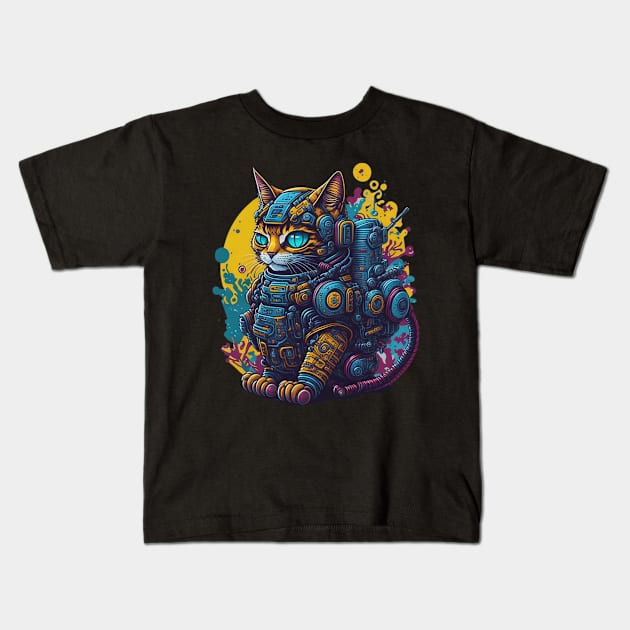 Colorful Robotic Cat Kids T-Shirt by Mega-st